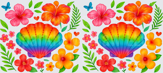 Rainbow Seashells with Tropical Hibiscus Flowers and Butterflies UV DTF 16 oz Wrap