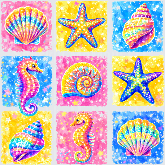 Colorful Rainbow Sea Life Collection Seahorses Starfish Shells Snail UV DTF Decal