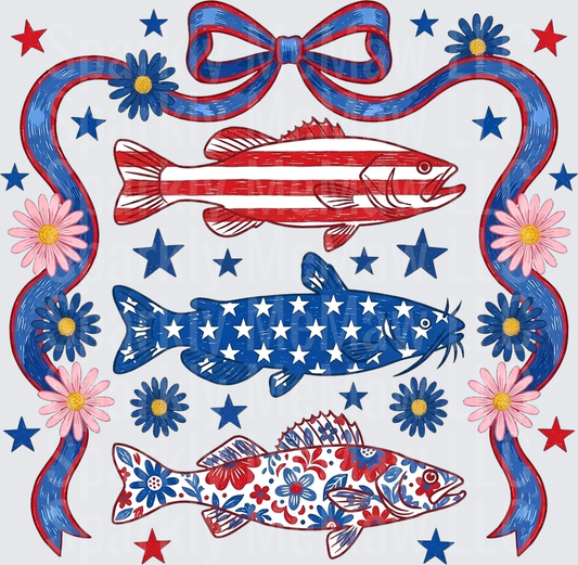 Patriotic Fish with Stars Flowers and Ribbon Border UV DTF Decal