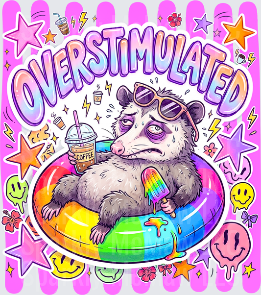 Overstimulated Tired Opossum with Sunglasses Holding Iced Coffee and Rainbow Popsicle in Pool Float DTF Transfer for fabrics