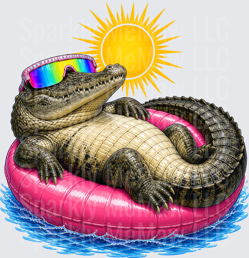 Cool Alligator Wearing Rainbow Sunglasses on Pink Pool Float with Sun - UV DTF Decal