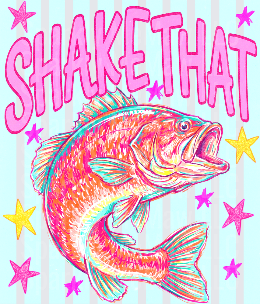 Shake That Bass Colorful Retro Largemouth Bass Jumping with Stars DTF Transfer for Fabrics