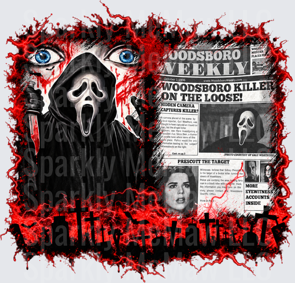 Ghostface Woodsboro Weekly Horror this is a UV DTF Decal