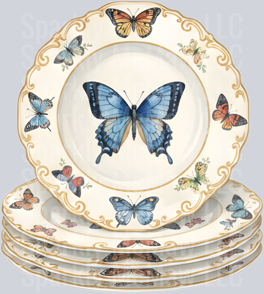Vintage Butterfly China Plate Stack with Gold Ornate Border UV DTF Decal