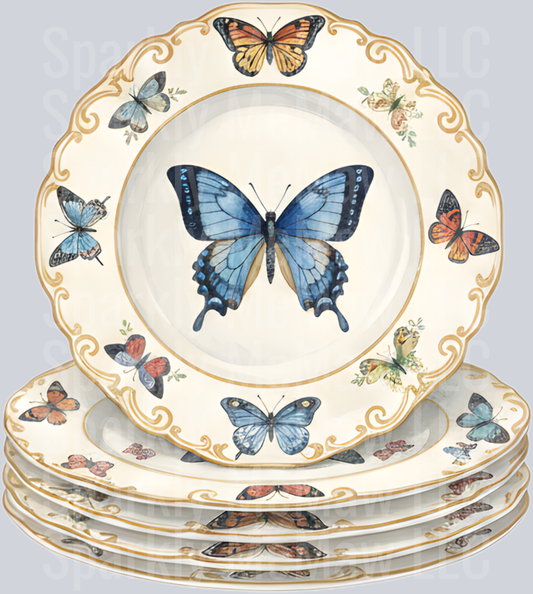 Vintage Butterfly China Plate Stack with Gold Ornate Border UV DTF Decal