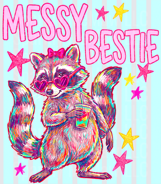 Messy Bestie Colorful Raccoon with Heart Sunglasses and Iced Drink Stars DTF Transfer for fabrics