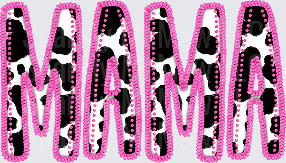 MAMA Pink Rhinestone Letters with Cow Print Pattern UV DTF Decal