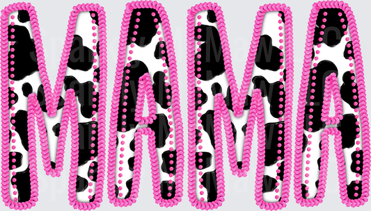 MAMA Pink Rhinestone Letters with Cow Print Pattern UV DTF Decal
