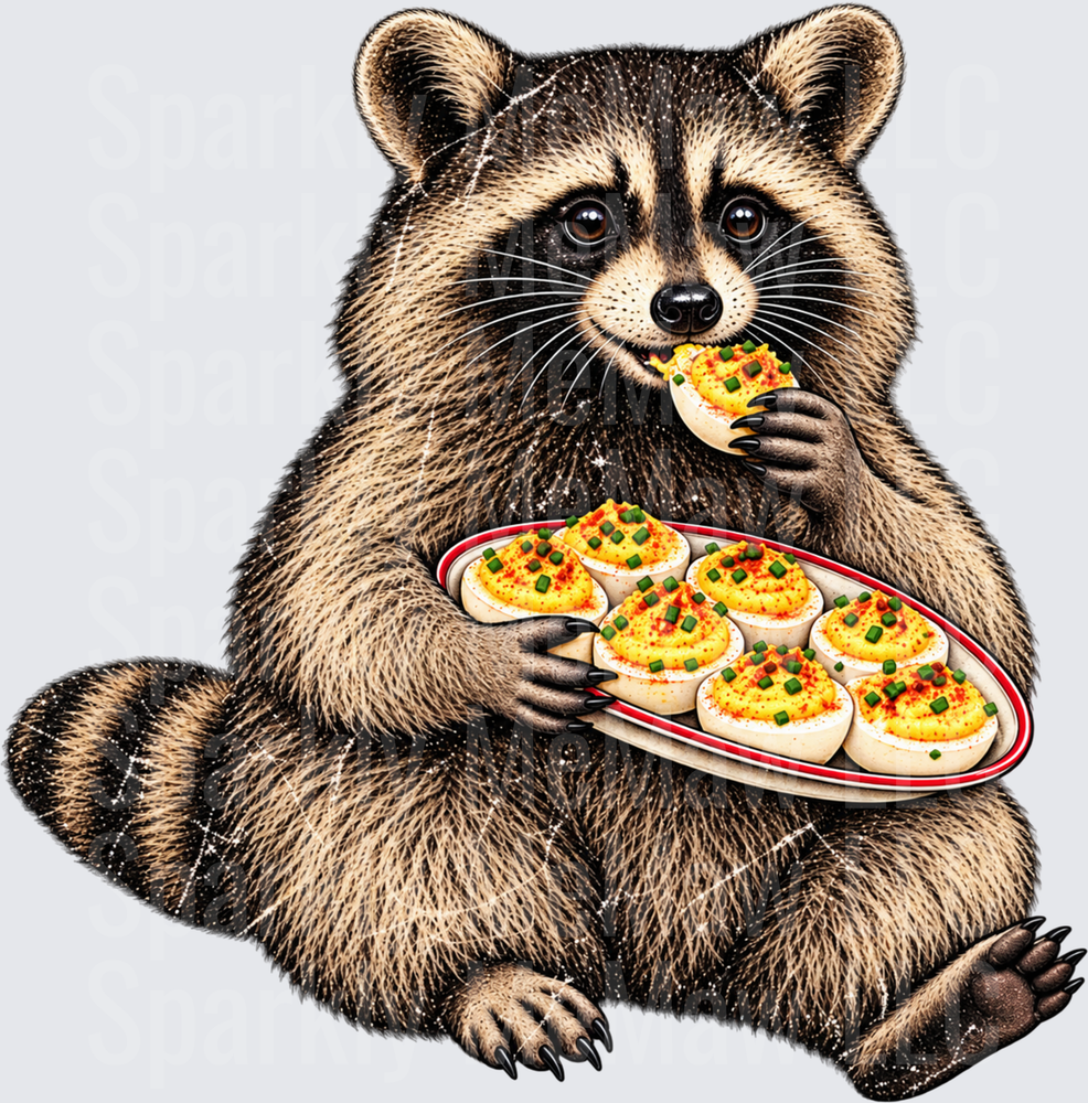Raccoon Eating Deviled Eggs this is a UV DTF DECAL (HARD SMOOTH SURFACE)