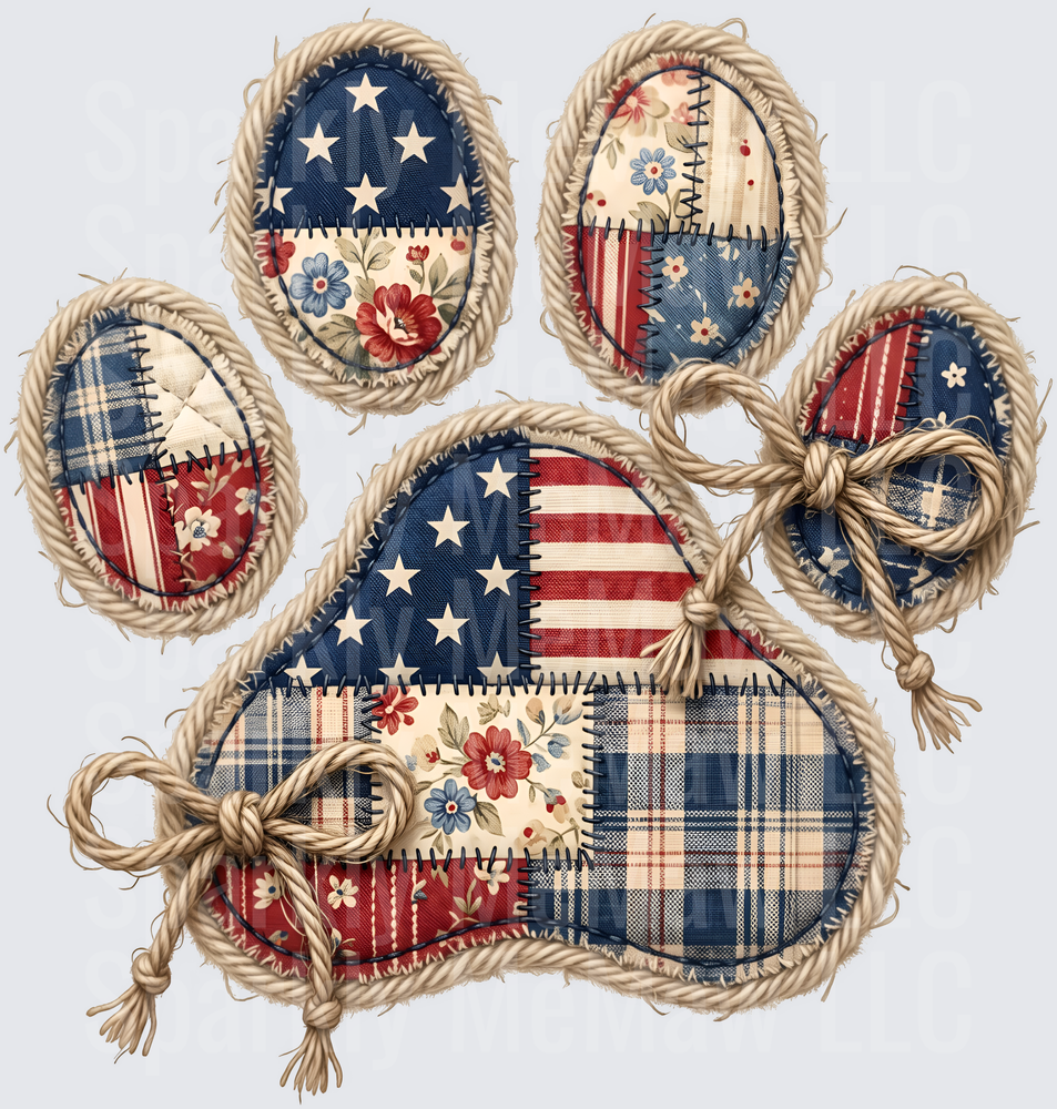 Rustic Patchwork Paw Print with Rope Border and Americana Flag Stars Stripes UV DTF Decal