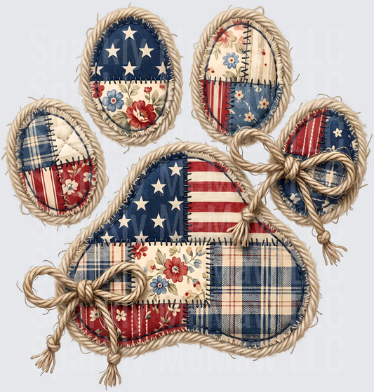 Rustic Patchwork Paw Print with Rope Border and Americana Flag Stars Stripes UV DTF Decal