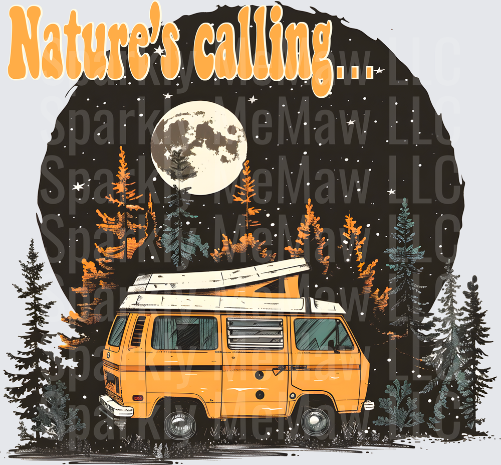 Nature's Calling Vintage Van Camping Under Full Moon with Pine Trees UV DTF Decal