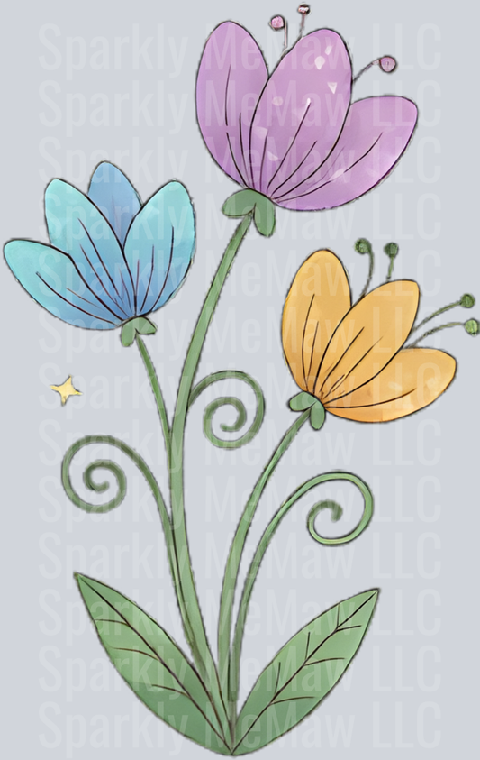 Whimsical Three Flower Blooms with Curly Stems and Star UV DTF Decal
