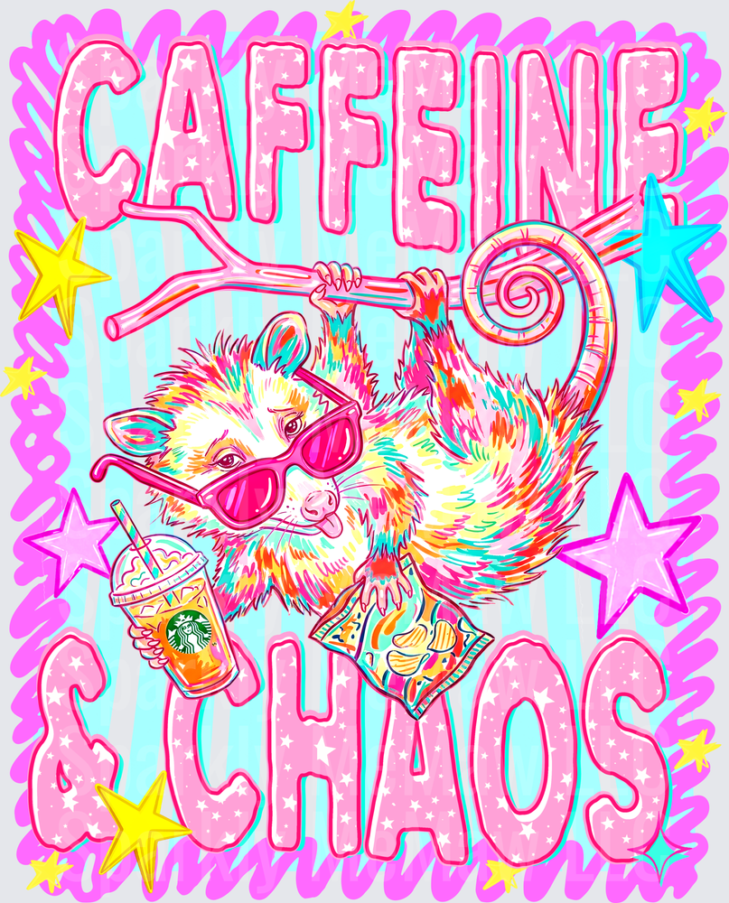 Caffeine and Chaos Colorful Possum with Pink Sunglasses Holding Starbucks Frappuccino DTF Transfer for Fabrics