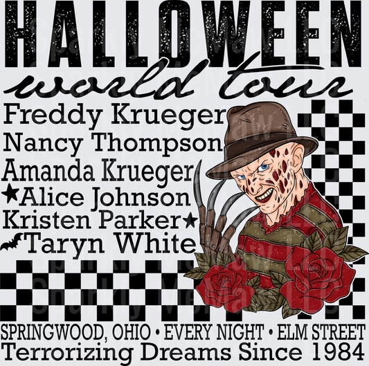 Halloween World Tour Freddy Krueger Nightmare on Elm Street Springwood Ohio Terrorizing Dreams Since 1984 DTF Transfer