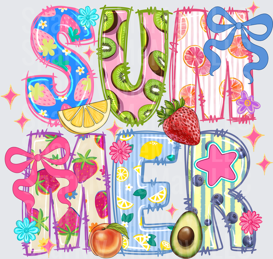 Colorful Summer Fruit Filled Letters with Strawberries Kiwi Lemon Avocado Blueberry and Floral Accents DTF Transfer for Fabrics