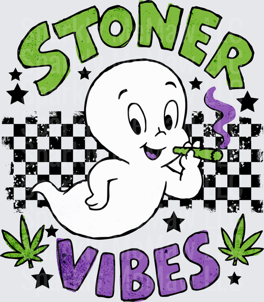 Stoner Vibes Casper Ghost Smoking Joint Checkered Cannabis Leaves Stars UV DTF Decal