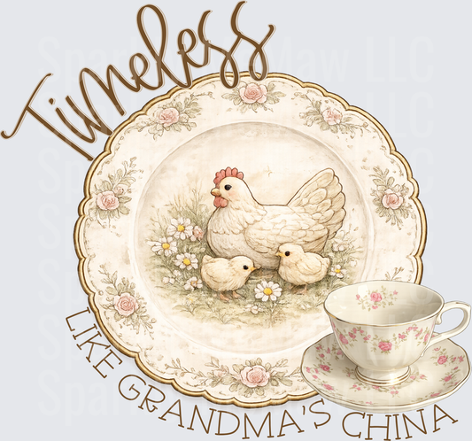 Timeless Like Grandma's China Hen and Chicks Vintage Floral Teacup UV DTF Decal