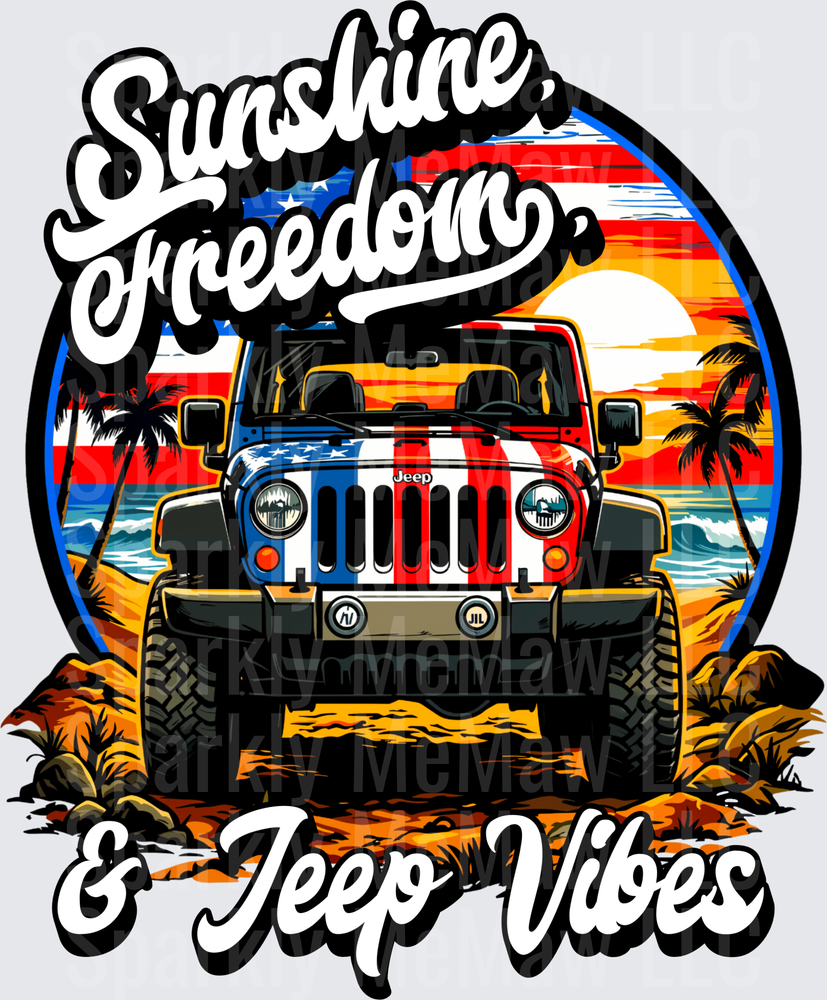 Sunshine Freedom & Jeep Vibes Patriotic Beach Scene UV DTF Decal