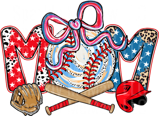 Baseball Mom Patriotic Red White Blue Stars Leopard Print with Bow
