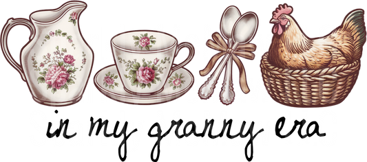 In My Granny Era Vintage Kitchen Items with Hen UV DTF Decal