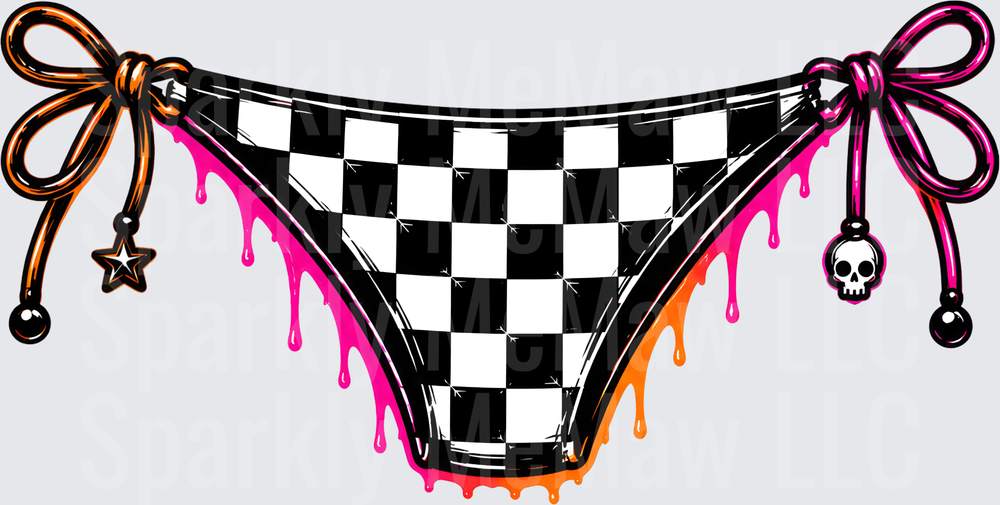Checkered Racing Flag Pattern Bikini Bottom with Dripping Paint Effect and Skull Charm DTF Transfer for Fabric