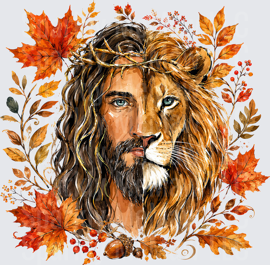 Jesus and Lion of Judah Split Face Crown of Thorns Autumn Leaves Watercolor UV DTF Decal