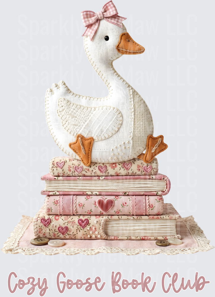 Cozy Goose Book Club Fabric Plush Goose Sitting on Stack of Pink Floral Books with Lace Doily UV DTF Decal