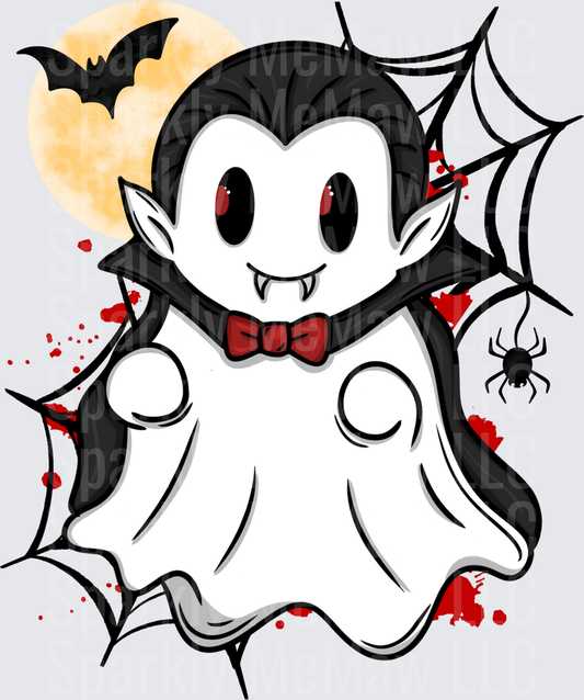 Cute Kawaii Vampire Ghost with Fangs Red Bow Tie Spider Web Full Moon Halloween DTF Transfer for Fabrics