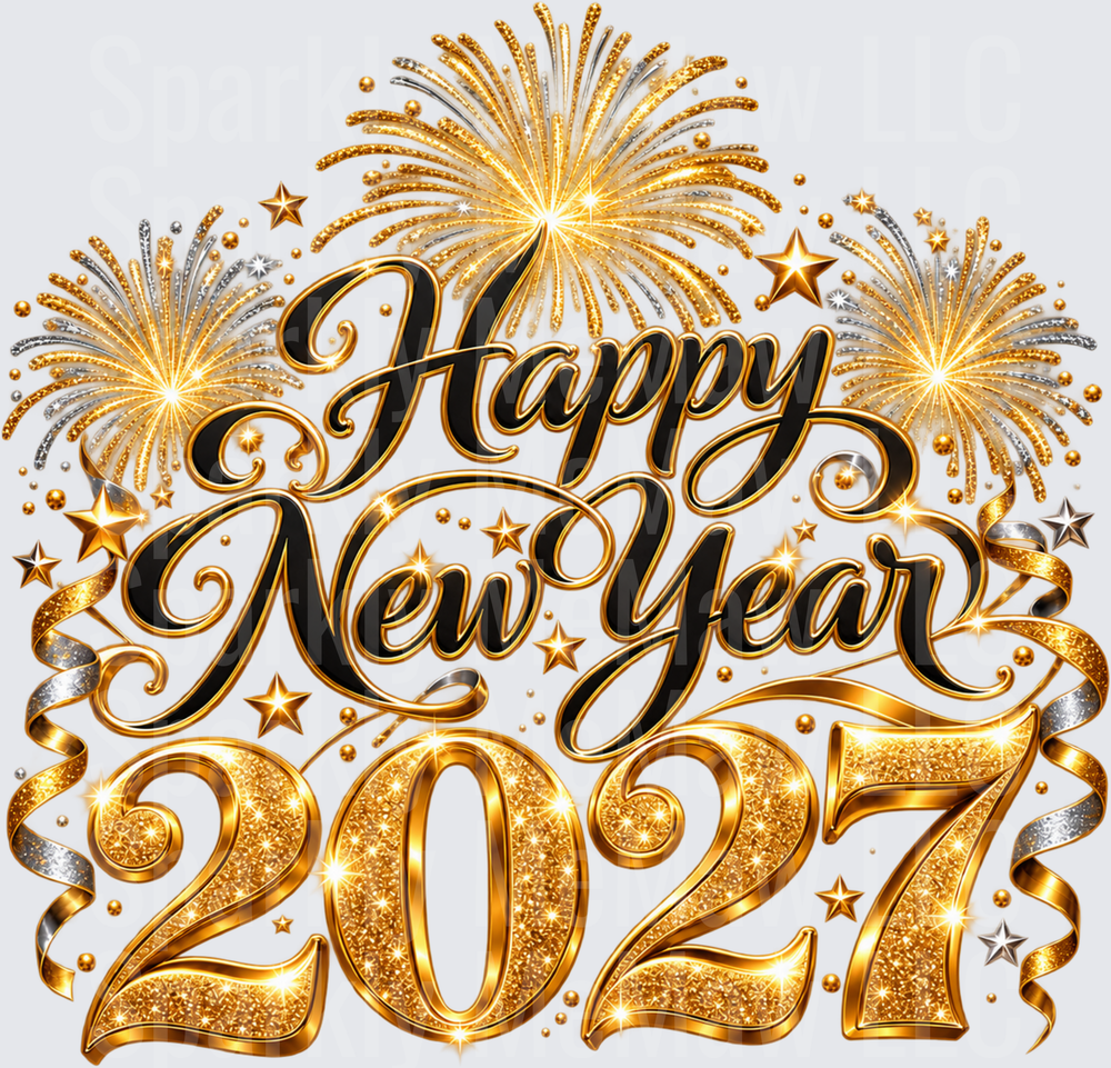 Happy New Year 2027 Gold DTF Transfer for Fabrics