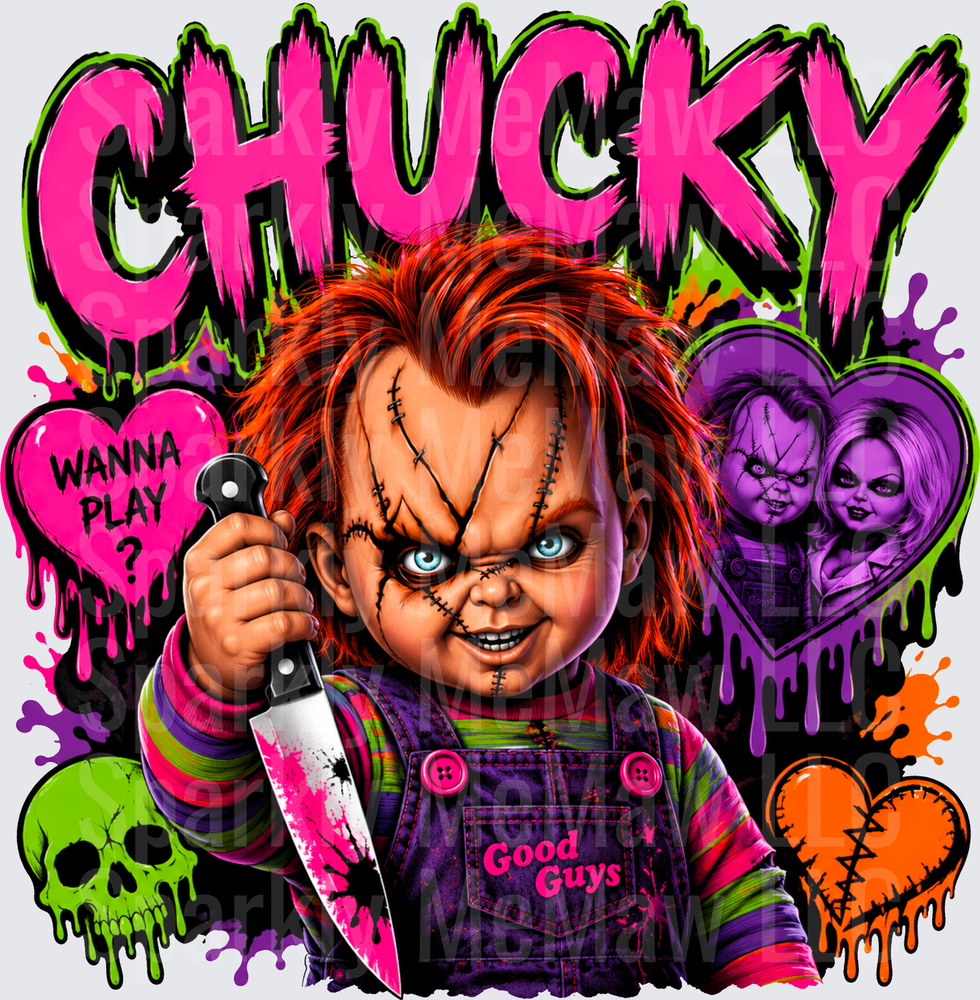 Chucky Good Guys Doll Wanna Play Bloody Knife Tiffany Horror UV DTF Decal