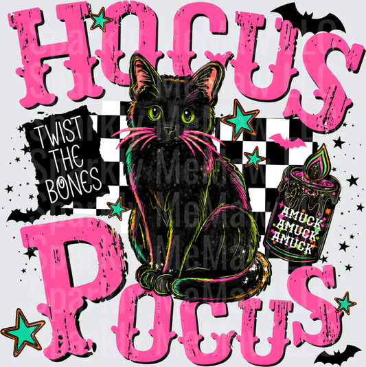 Hocus Pocus Black Cat Twist The Bones Amuck Amuck Amuck Halloween Neon Pink Checkered DTF Transfer for Fabrics