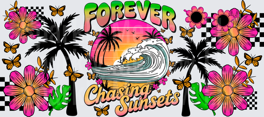 Forever Chasing Sunsets Tropical Wave Palm Trees Flowers Butterflies UV DTF 16 oz Wrap