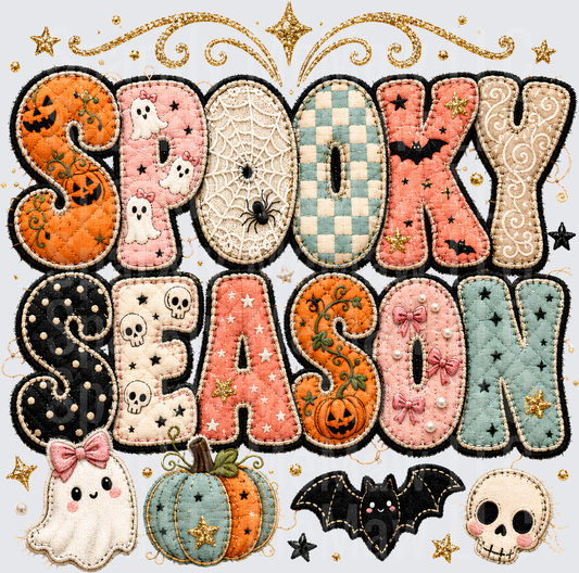 Spooky Season Boho Quilted Patchwork Halloween Embroidery Style DTF Transfer for Fabrics