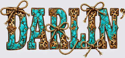 Darlin' Turquoise Stone and Leopard Print Western Rope Bow Letters DTF Transfer for fabrics