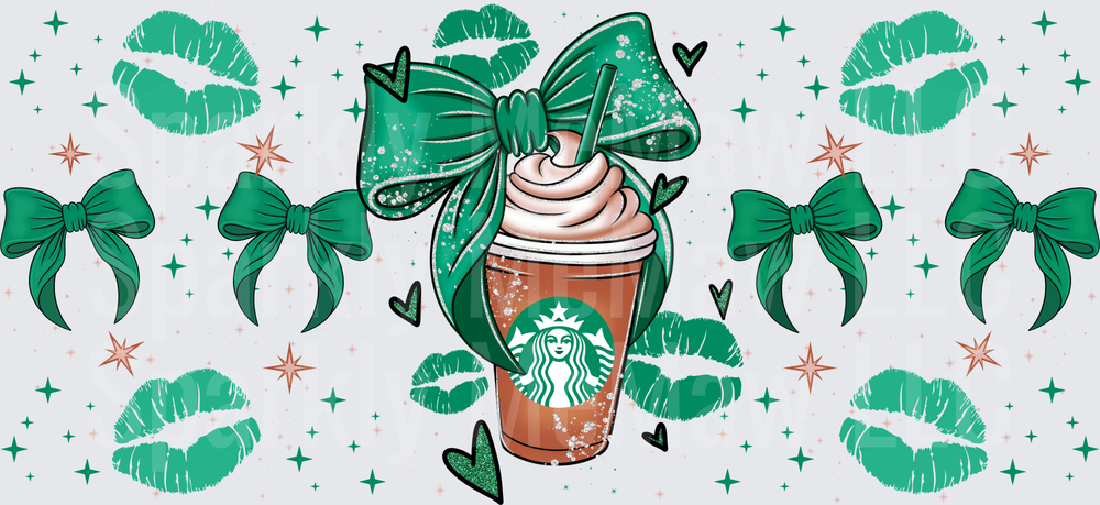 Starbucks Green Bow Kiss Wrap UV DTF 16 OZ Wrap