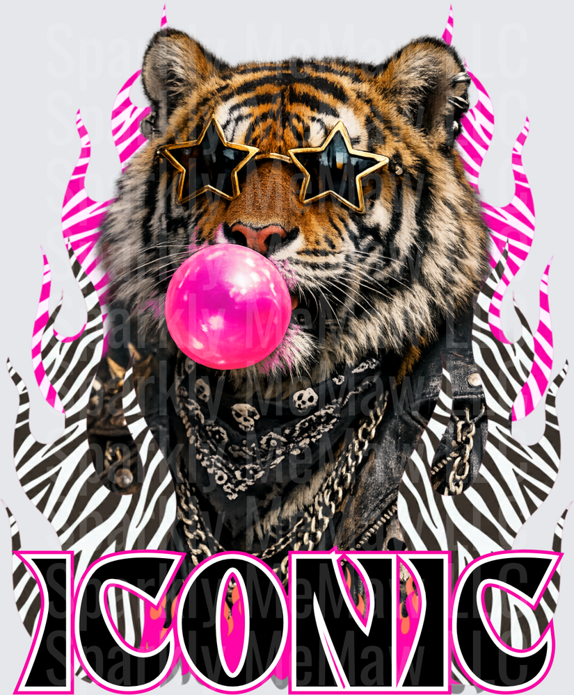 Cool Tiger with Star Sunglasses Blowing Pink Bubble Gum ICONIC Design UV DTF Decal