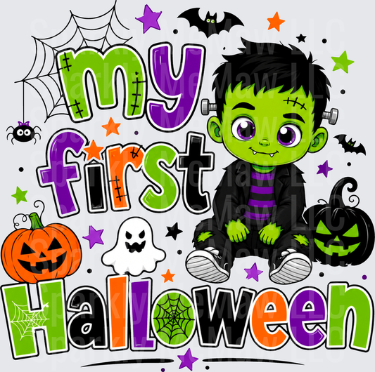 My First Halloween Cute Baby Frankenstein Monster with Pumpkins Bats and Ghost DTF Transfer for fabrics
