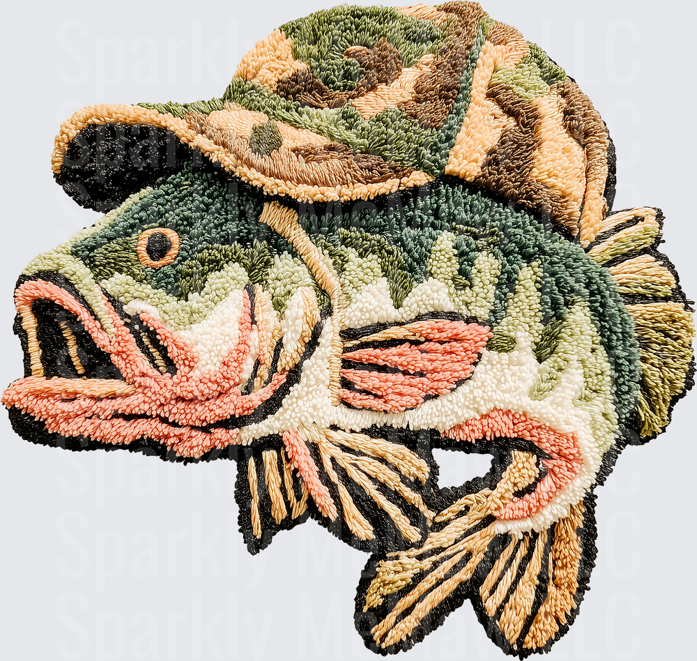 Bass Fish with Cowboy Hat Embroidered Style UV DTF Decal