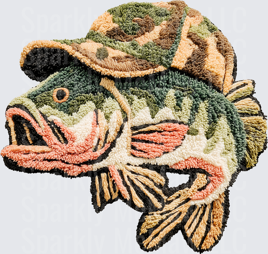 Bass Fish with Cowboy Hat Embroidered Style UV DTF Decal