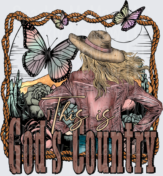 This is Gods Country Cowgirl with Butterflies and Rope Border UV DTF Decal