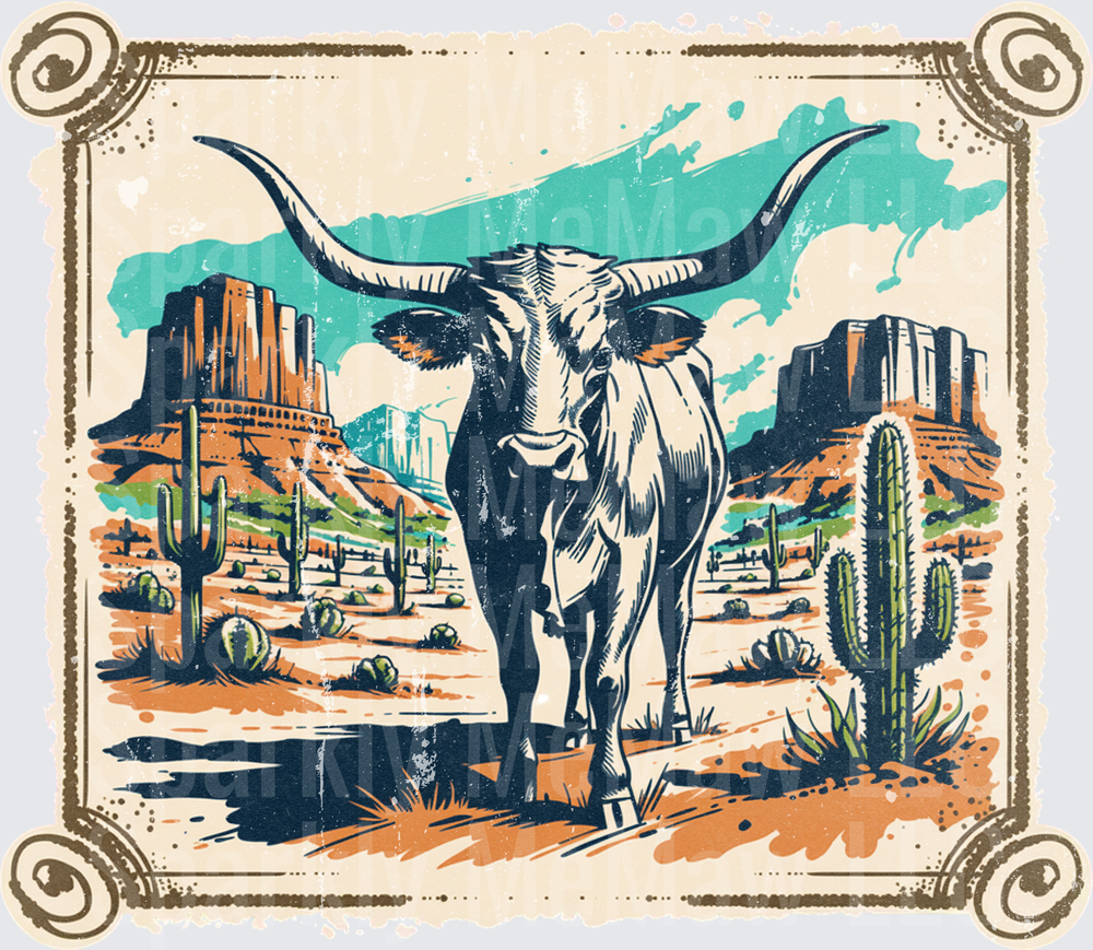Vintage Texas Longhorn Bull Desert Southwest Scene with Mesa Buttes and Saguaro Cactus UV DTF Decal
