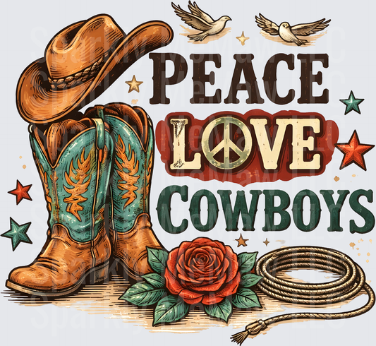 Peace Love Cowboys Western Boots Hat Rope Rose Design UV DTF Decal