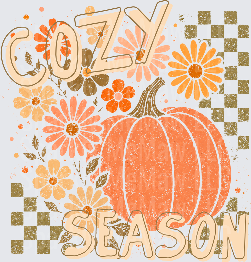 Cozy Season Autumn Pumpkin with Retro Flowers and Checkered Pattern DTF Transfer