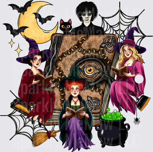 Hocus Pocus Sanderson Sisters with Edward Scissorhands Spellbook Halloween Scene DTF Transfer for Fabrics