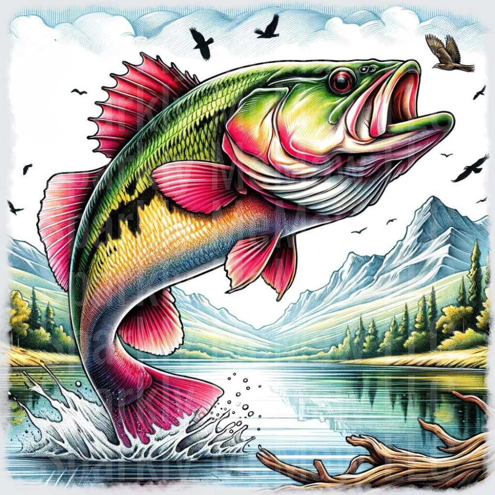 Largemouth Bass Jumping from Mountain Lake with Flying Birds UV DTF Decal