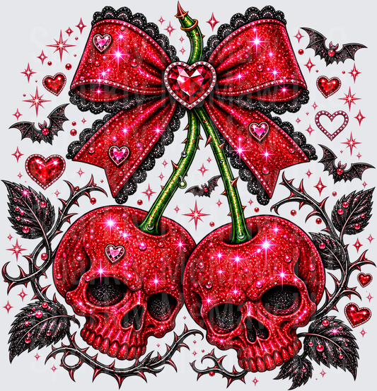 Glitter Skull Cherries Gothic Bow DTF Transfer for Fabrics