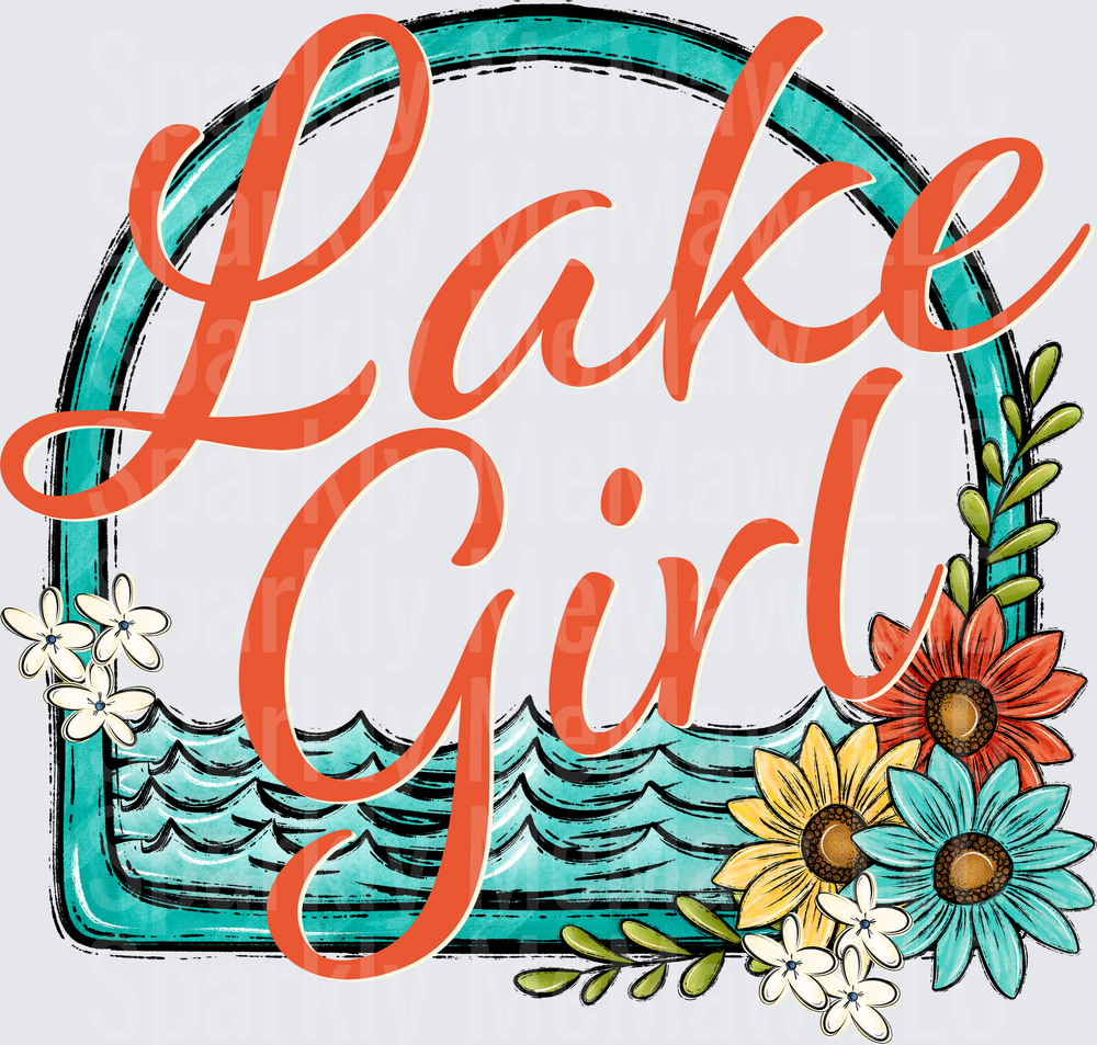 Lake Girl Typography with Ocean Waves and Floral Border UV DTF Decal
