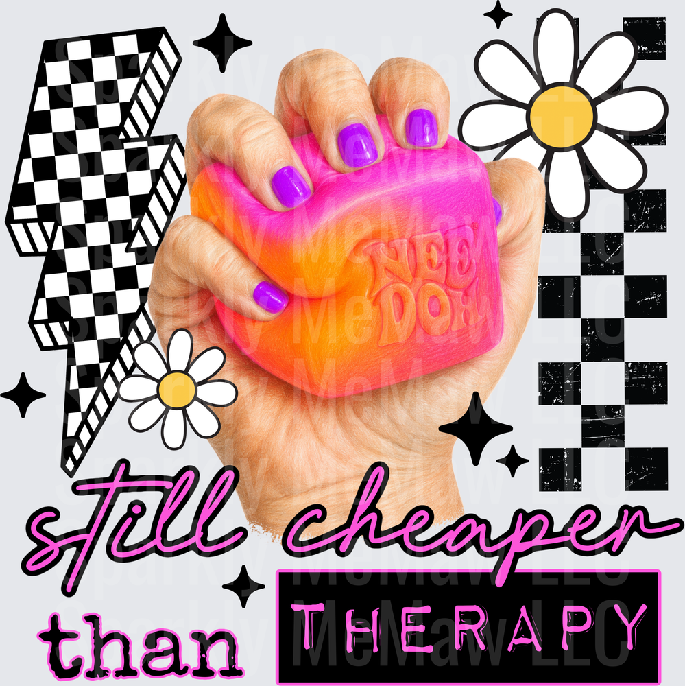 Still Cheaper Than Therapy Stress Ball Hand Purple Nails Checkered Pattern UV DTF Decal