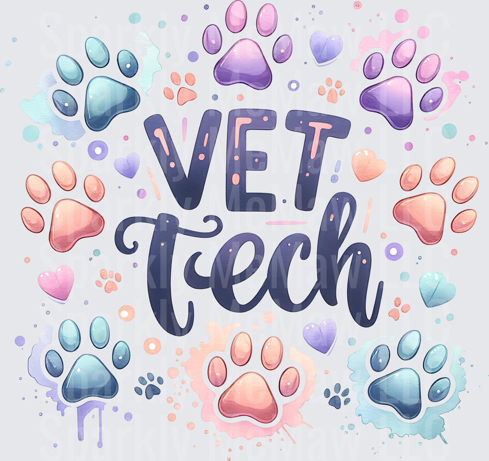 Vet Tech Paw Prints and Hearts Watercolor Design UV DTF Decal